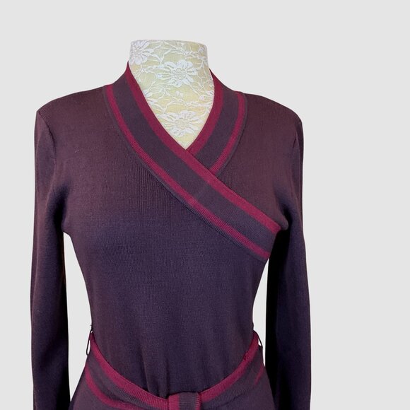 Papell Boutique Long Sleeve Brown Red V-Neck Wool Blend Sweater Dress w/Belt LG - Picture 2 of 6